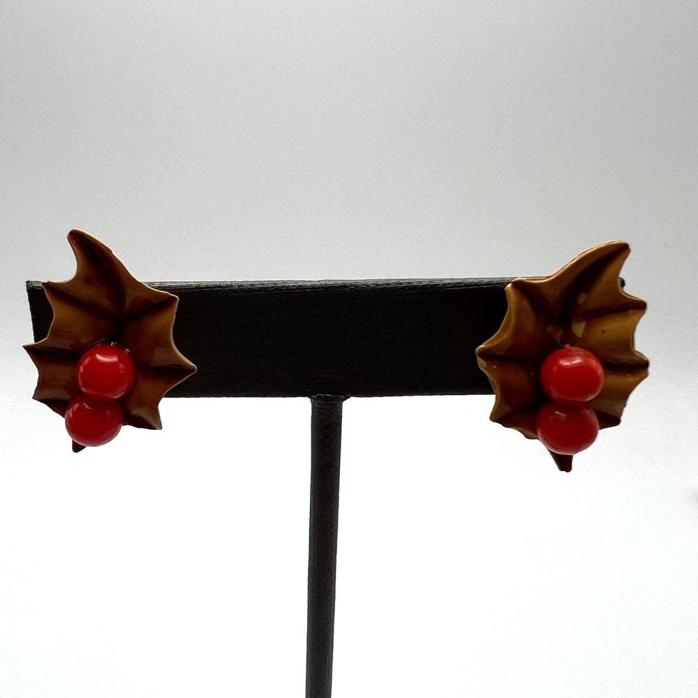 Vintage Holly Screw On Earrings Brown with Red Berries Holiday Christmas
